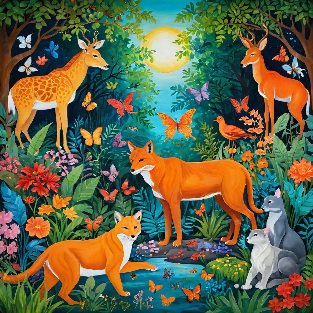 A surreal representation of various animal species interacting in a harmonious garden setting, symbolizing connection and intimacy beyond boundaries. Incorporate elements of rich cultural motifs in the background, showcasing different societies' perspectives on inter-species relationships. Use soft, ethereal lighting to convey a sense of warmth and acceptance. Vibrant colors to highlight diversity in nature and culture. painting. vibrant colors.