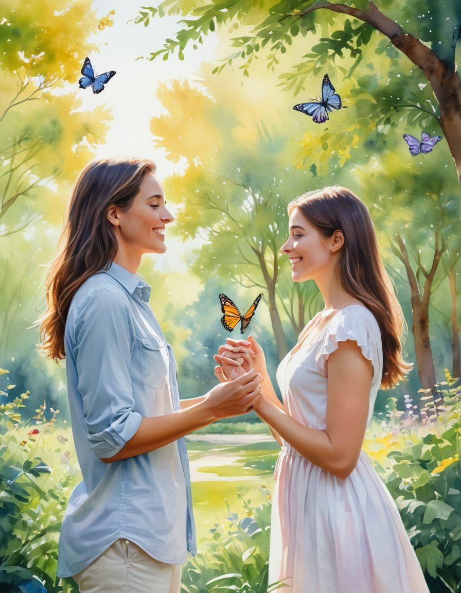 A tender scene depicting a human and an animal sharing a moment of companionship in a serene park setting, with vivid expressions of joy and trust. The human has a gentle smile while petting the animal, showcasing the beauty of their bond. Surrounding them are lush greenery and soft sunlight filtering through the trees, symbolizing freedom and acceptance. Soft colors and whimsical elements like butterflies fluttering around enrich the atmosphere. watercolor painting. vibrant colors.