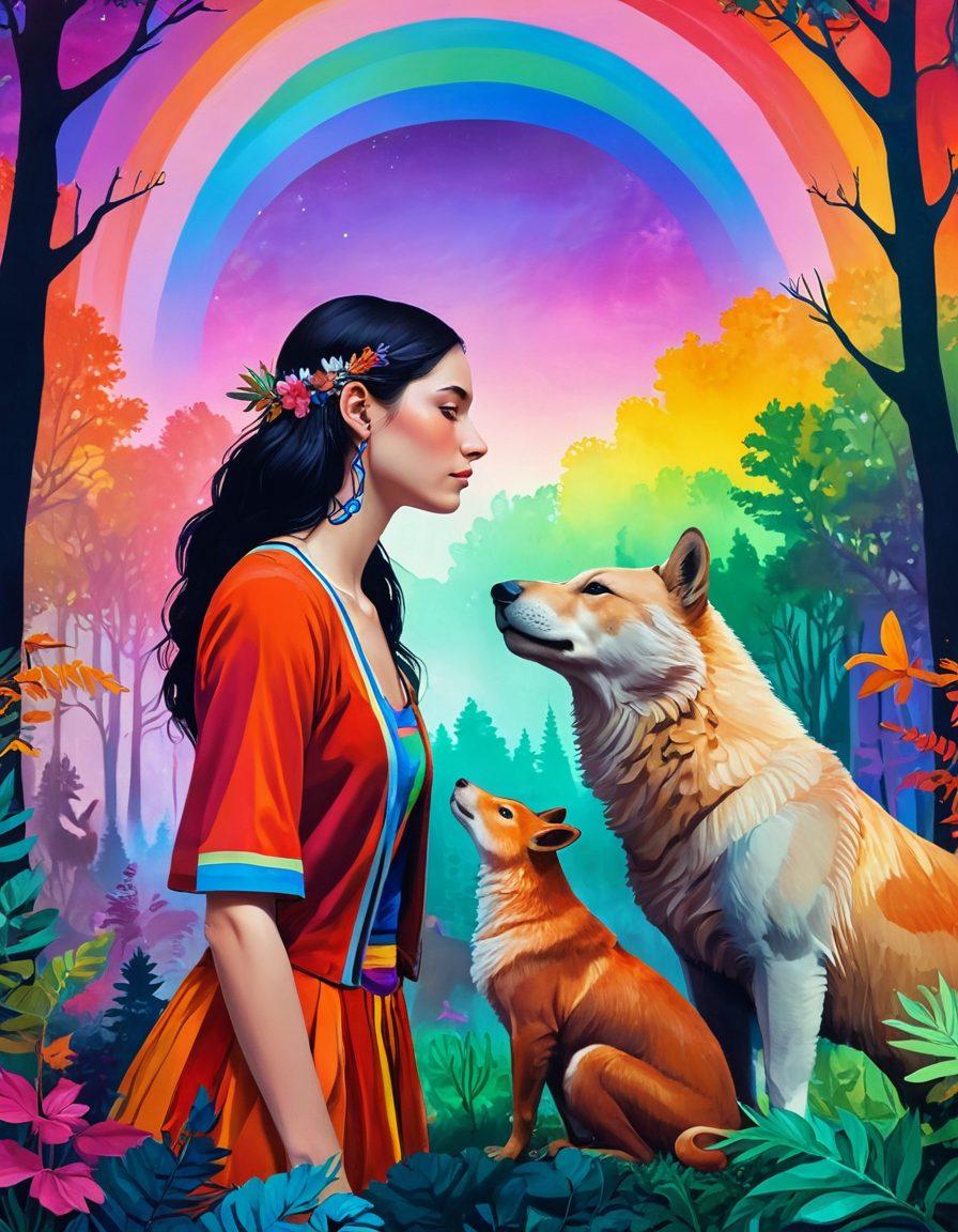 A surreal scene depicting diverse human-animal interactions, showcasing unique relationships through an array of vivid colors. Highlight a person embracing a majestic wolf, while another shares a moment with a capybara in a lush forest. Integrate symbols of gender identity like rainbow flags subtly in the background, emphasizing the themes of connection and acceptance. surreal art. vibrant colors. immersive atmosphere.